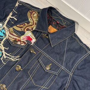 Ruthless Art Lined Denim Jacket Men Sz L Button Up Long Sleeve Embroidered Snake